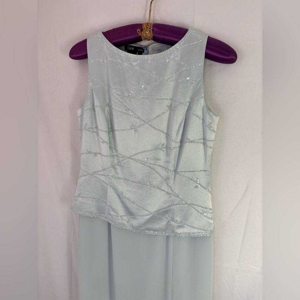VTG 90s Pale Blue Sequin Beaded High Neck Satin Modest Chic Formal Gown Size 6